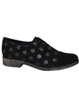 A black suede oxford-style shoe with metallic black polka dots, button elastic lacing system and low stacked heel.