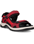 An Ecco Yucatan light and dark red nubuck sandal with black accents on velcro heel, instep and toe straps. Footbed is black, midsole is white, and outsole is black.