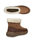 Pair of brown suede ankle boots with a thick brown lugged outsole and a fluffy cream faux fur collar and lining.