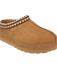 Tan platform suede clog with Aztec pattern cuff, cork midsole and tan EVA outsole.