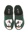 A pair of dark green boiled wool slippers with a white Jack Russell Terrier dog face design on each, a small orange dog tag detail and Haflinger logo'd footbed.