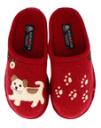 A pair of red felt slip-on slippers with a small embroidered dog on one slipper and white paw prints on the other and Haflinger tag on the footbed.
