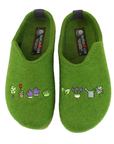 A pair of green felt clogs with embroidered gardening motifs on the toe box, Haflinger logo'd footbed and. grey heel counter.