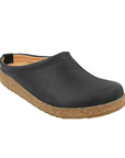 Phillip Leather Clog in black. A black nubuck upper with a cork midsole and a brown rubber outsole.