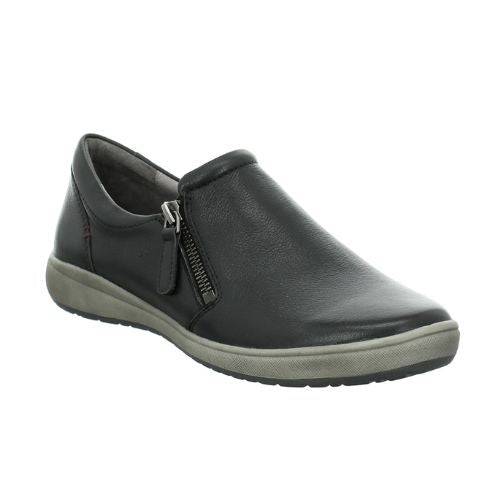 Women's Josef Seibel Caren 23 Sneaker in black leather with side zipper, orthotic-friendly design and durable rubber outsole for all-day comfort.