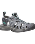 KEEN Whisper Fisherman Sandal in gray with teal accents, featuring durable straps, cushioned sole, and backstrap.