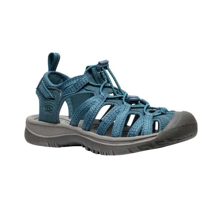 KEEN Whisper Fisherman Sandal in blue with durable straps, cushioned sole, and backstrap.