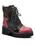 Women's L'Artiste Severe ankle boot in black and red with hand-painted leather, floral embossing, and studded accents for a bold combat style.
