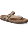 Thong Footbed Sandal in beige suede leather with black buckle strap, tan Mephisto logo'd suede lined cork footbed and brown flat outsole.