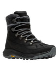 Black leather Mid Zip Boot with black accents, dark grey knit cuff, hiker laces and a rugged Vibram outsole.