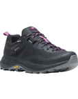 Women's Merrell MQM 3 GTX Hiking Waterproof Shoe in black with pink accents, designed for outdoor use with Vibram sole and waterproof Gore-Tex lining.