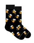 A clipart image of a pair of black crew socks with a repeating pattern of golden beer mugs filled with white foam.