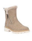 Beige winter boot with fur trim, detail stitching and white lugged outsole.