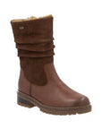Women's Remonte D0B80 mid-calf winter boot in brown with waterproof leather and suede upper, featuring a cozy fleece lining and rugged sole.