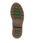 Brown treaded outsole with green fiberglass plugs through center and Remonte logo stamped in middle.