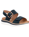 Navy backstrap sandal with brown marble buckle, tan Remonte logo'd footbed and white outsole.