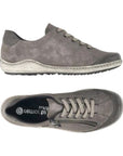 Side and top views of grey Remonte R1402 women's sneakers, featuring lace-up front and functional zipper for easy on/off.