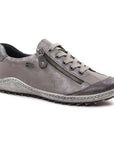 Women's Remonte R1402 grey leather lace-up sneaker with side zipper, waterproof and orthotic-friendly for all-day comfort.