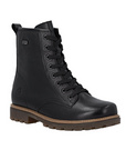 Black leather combat boot with 8 black laced eyelets, light brown midsole and dark brown rubber lugged outsole.
