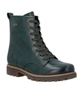Green leather combat boot with 8 dark green laced eyelets, light brown midsole and dark brown rubber lugged outsole.