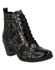 Women's Remonte D8797 heeled ankle boot in black and tan leopard print leather with lace-up front, side zipper, and block heel.