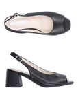 Pair of Black open-toe slingback sandals with tan Rieker logo'd footbed and a block heel.