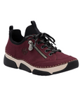 Deep red sneaker with faux side zipper, accent stitching above the thick beige midsole and black outsole.