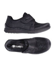 Top and side views of Women's Rieker 48954 Velcro Shoe in black, showcasing soft material and shock-absorbing sole for all-day comfort.