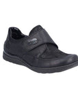Women's Rieker 48954 Velcro Shoe in black with flexible sole and wide toe box, ideal for bunions and hammertoes. Lightweight slip-on casual design.