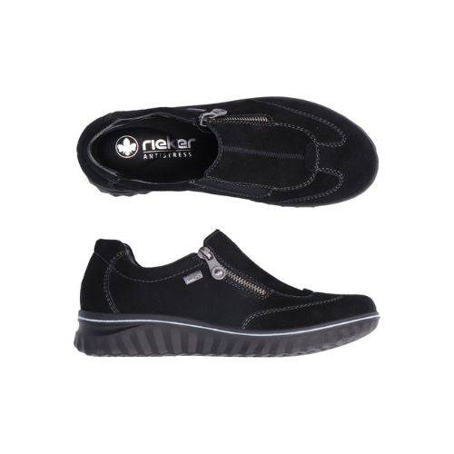 Top and side view of Women's Rieker 59071 Slip-On Shoe showing lightweight design, removable footbed, and flexible waterproof construction.