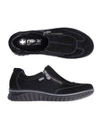 Top and side view of Women's Rieker 59071 Slip-On Shoe showing lightweight design, removable footbed, and flexible waterproof construction.
