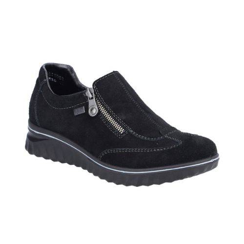 Women's Rieker 59071 Slip-On Shoe in black suede with side zipper, waterproof wedge heel for casual comfort and fall wear.