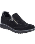 Women's Rieker 59071 Slip-On Shoe in black suede with side zipper, waterproof wedge heel for casual comfort and fall wear.
