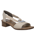 Beige slingback leather sandal with metallic medallion, tan Rieker logo'd footbed and low block heel.