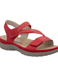 Red Backstrap Sandal with two elastic red with white accent lines straps with Velcro closures, tan Rieker logo'd footbed and beige outsole.
