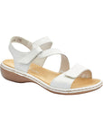 White leather Rieker 659C7 women's sandal with Velcro straps and cushioned footbed for breathable, stylish support.