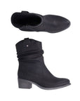 Side and top views of Women's Rieker 73170 Western Boot showing flexible design, inside zipper, and ankle-high silhouette.