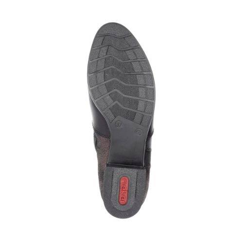Outsole view of black Rieker 78658 ankle boot with durable tread pattern and red Rieker branding for reliable grip and comfort.