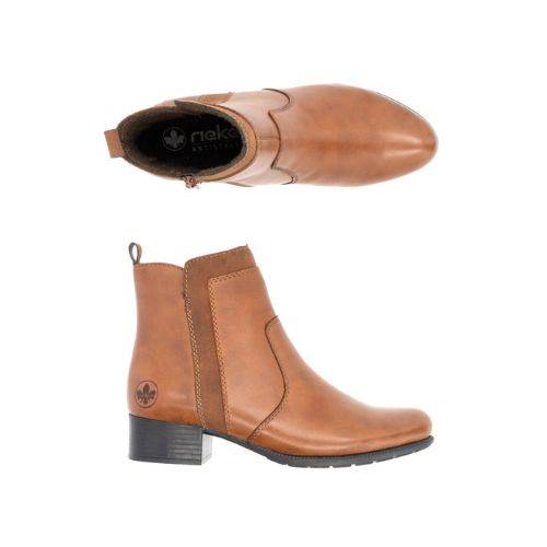 Top and side views of brown Rieker 78658 women's ankle boots showcasing sleek leather design and flexible sole for all-day wear.