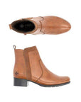 Top and side views of brown Rieker 78658 women's ankle boots showcasing sleek leather design and flexible sole for all-day wear.