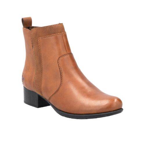 Women's Rieker 78658 leather ankle boot in brown with side zipper and block heel, ideal for fall fashion and lightweight comfort.
