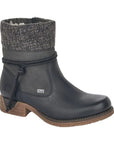 Black Rieker 79688 women's waterproof ankle boot with grey knit cuff and rope accent, lightweight and flexible for winter comfort.