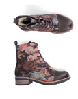 Pair of Floral patterned lace combat boots with, fur lining, low heel and black toe cap.