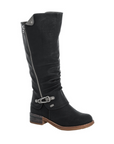 Black knee-high boot with zippers, accent buckle near ankle, scrunched front and a low heel.