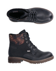 Pair of Pair of black lace up boots with floral cuffs inside zipper and a low heel.