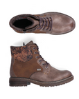 Pair of Brown lace up boots with distressed accents, floral cuff inside zipper and a low heel.