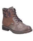 Brown lace up boot with distressed accents, floral cuff and a low heel.