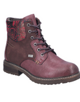 Burgundy lace-up boots with distressed accents, floral cuff, inside zipper and a low heel.