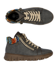Pair of grey ankle boot with dual zippers, beige laces, multi-color knit cuff and brown light treaded outsole.