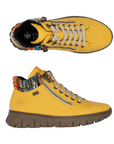 Pair of Yellow ankle boots with dual zipper, beige laces, multi-color knit cuffs and brown light treaded outsoles.